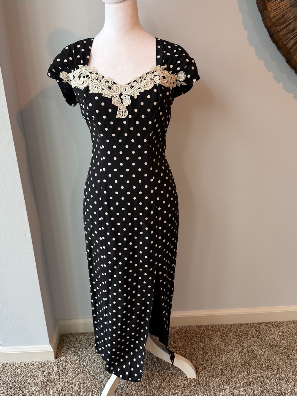 Vintage 90s Polka Dot Lace Cutout Midi Dress Size 7 8 Retro Sweetheart Pinup Vtg
